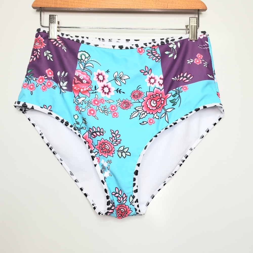 NEW AQUA Blue Floral Purple Contrast Spotted High Rise Bikini Swim Bottom Large